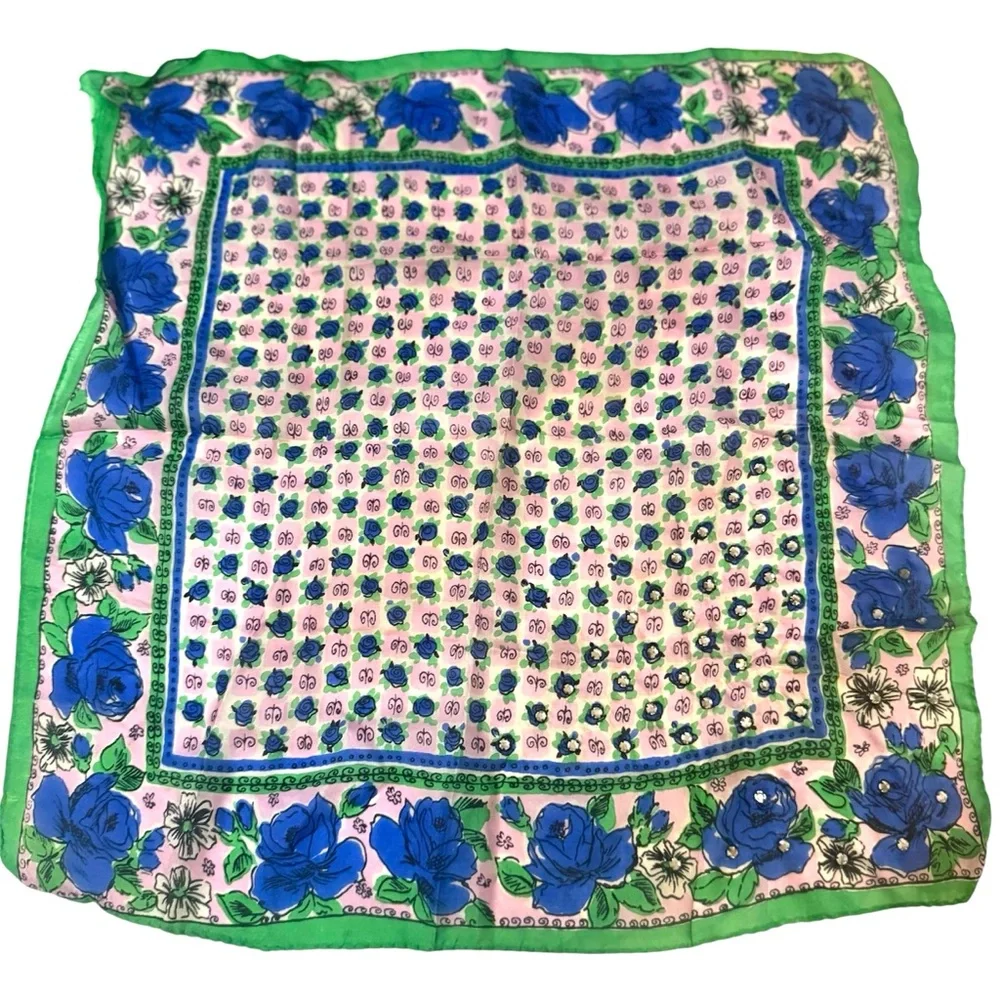 Vintage 1940’s/1950’s Hand Rolled Silk Floral Blue and Green Scarf w/Rhinestones